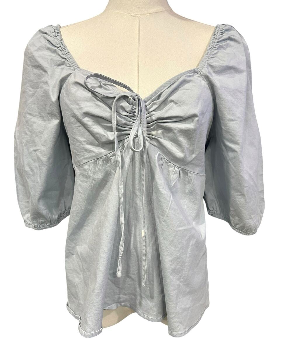 Cottagecore Top Milkmaid Babydoll Puff Sleeve Tie Front  XL Blue Casual Boho